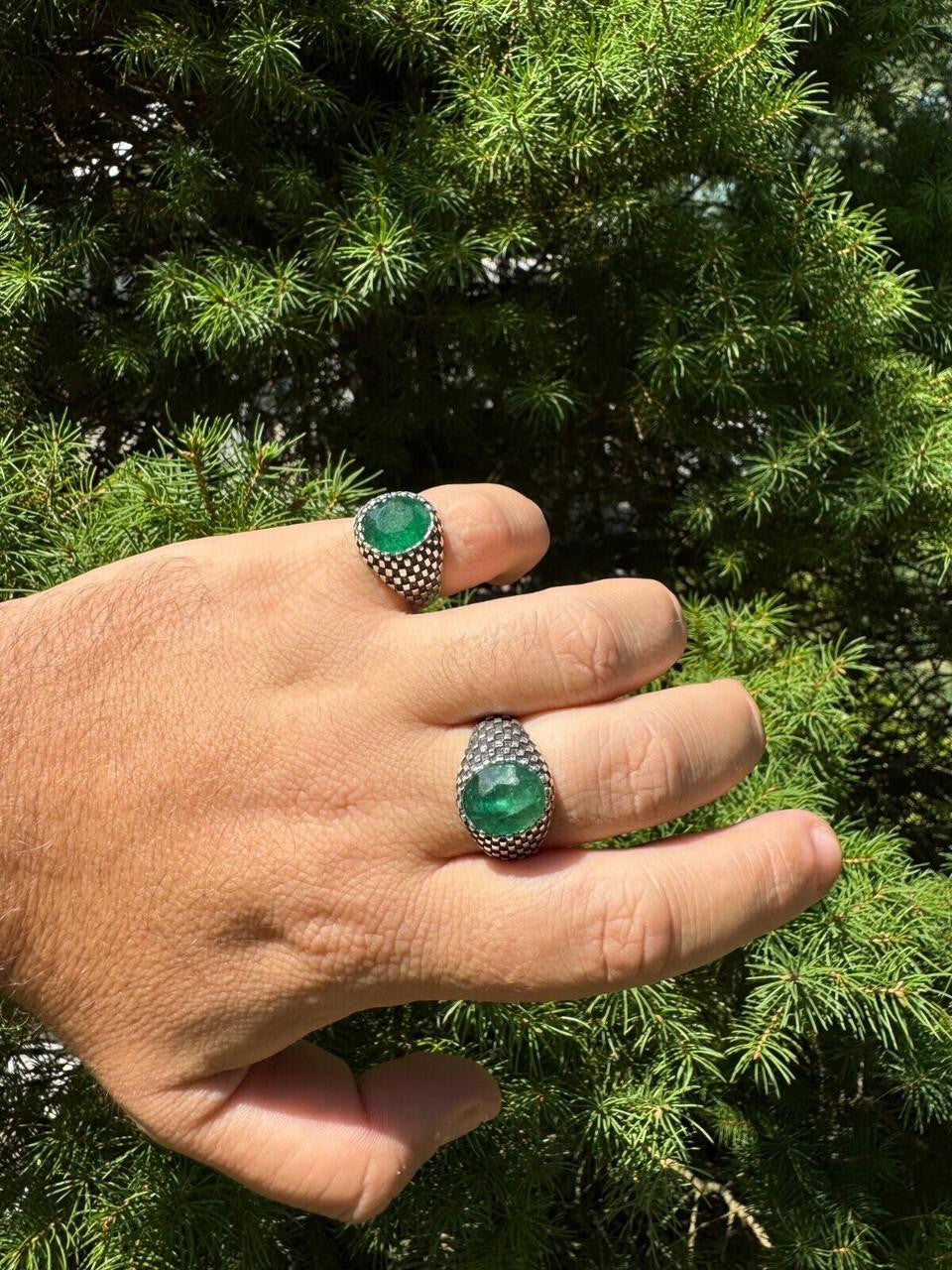 Black & White Ring - 925 Silver Oxidized - Genuine Green Emerald Stone