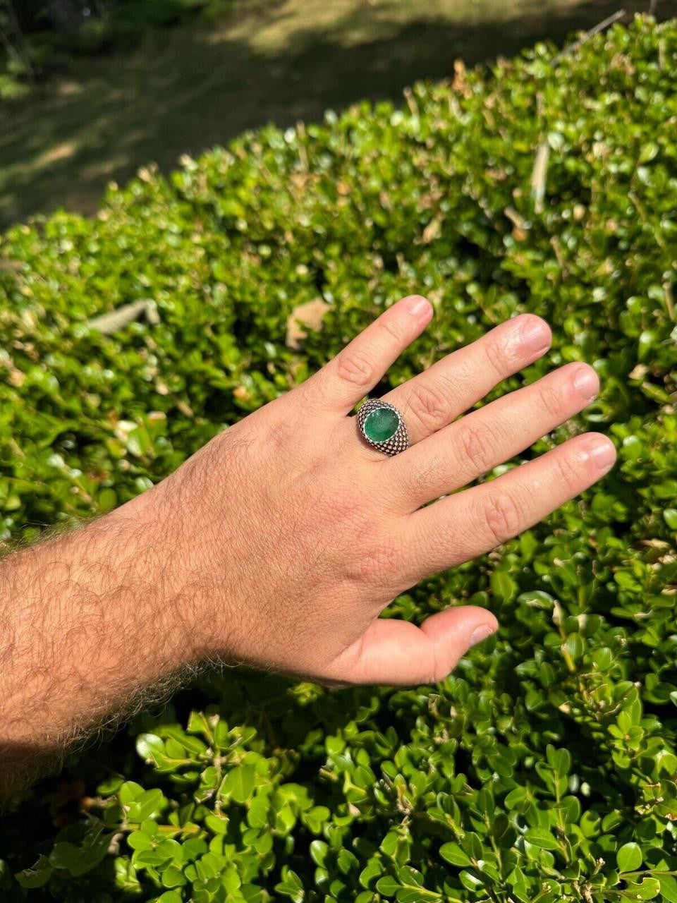 Black & White Ring - 925 Silver Oxidized - Genuine Green Emerald Stone