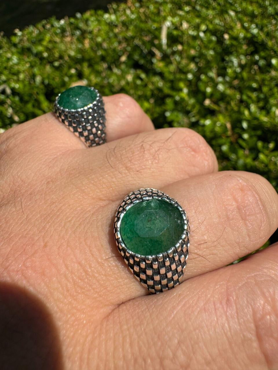 Black & White Ring - 925 Silver Oxidized - Genuine Green Emerald Stone