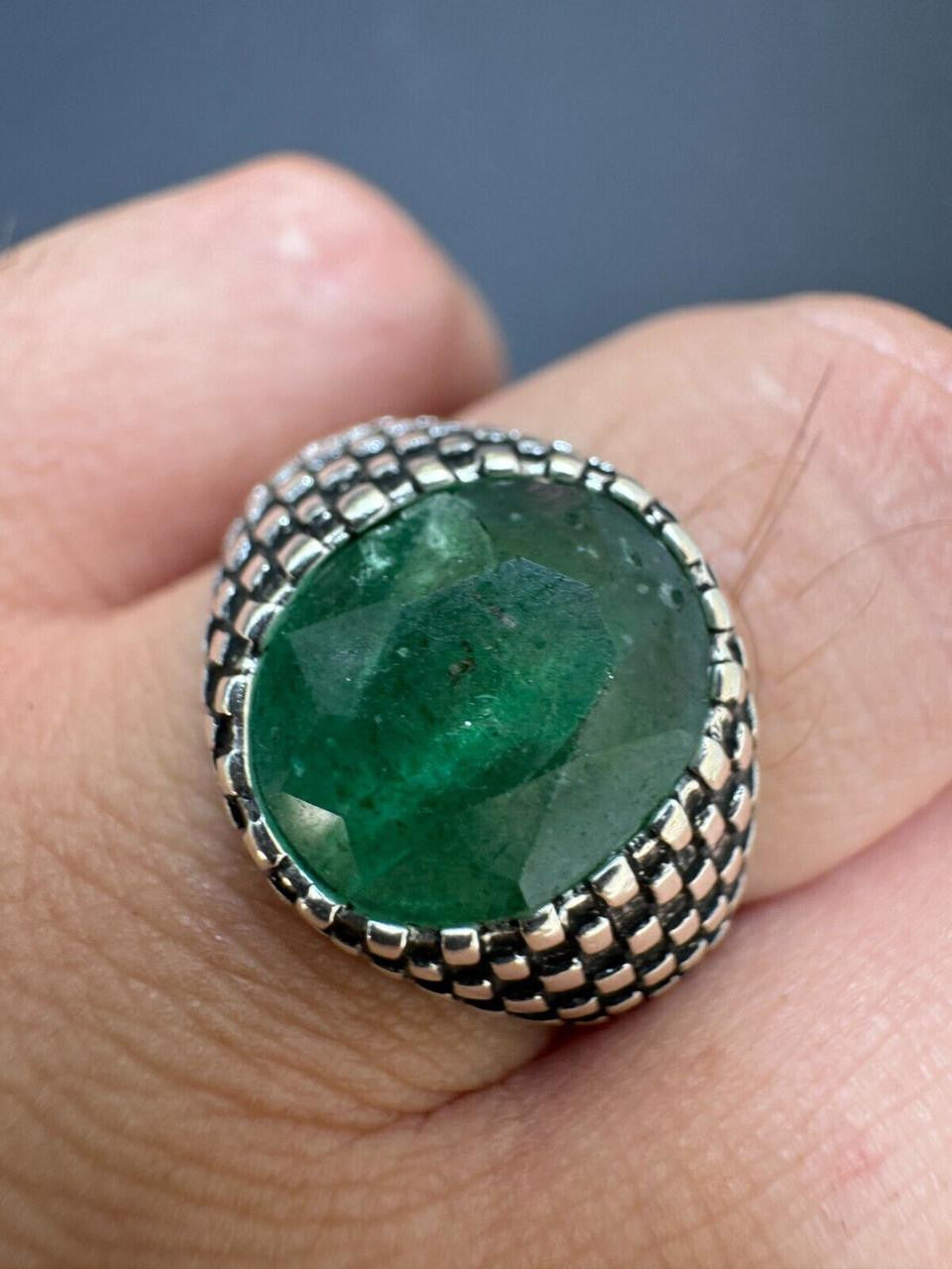 Black & White Ring - 925 Silver Oxidized - Genuine Green Emerald Stone