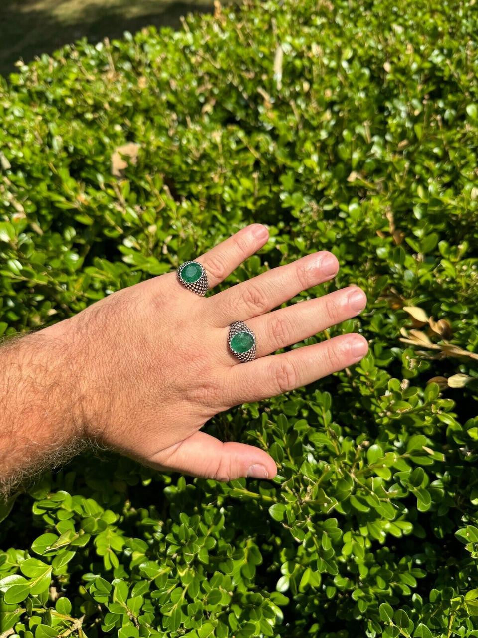 Black & White Ring - 925 Silver Oxidized - Genuine Green Emerald Stone