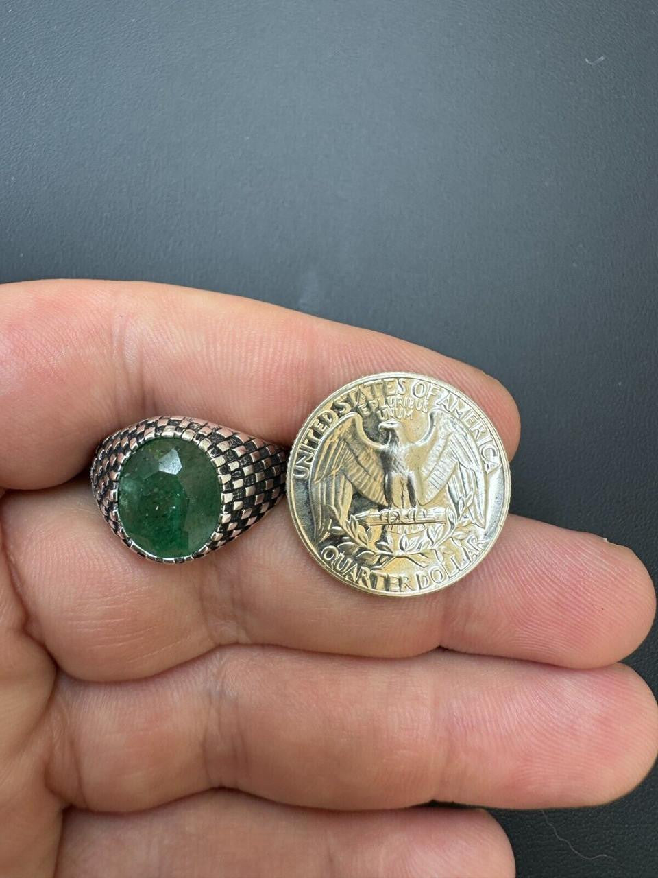 Black & White Ring - 925 Silver Oxidized - Genuine Green Emerald Stone