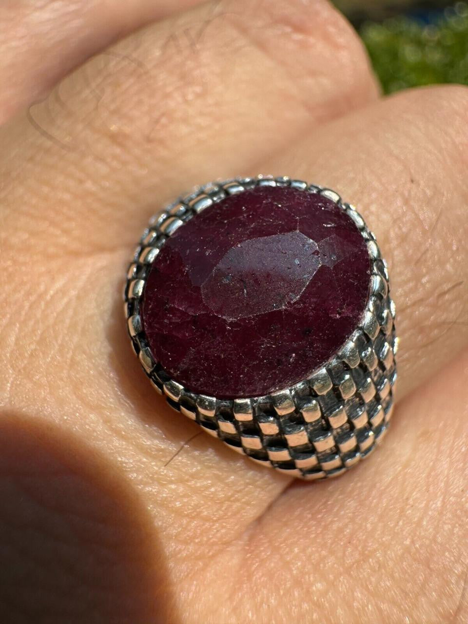 Black & White Ring - 925 Silver Oxidized - Genuine Red Ruby Stone