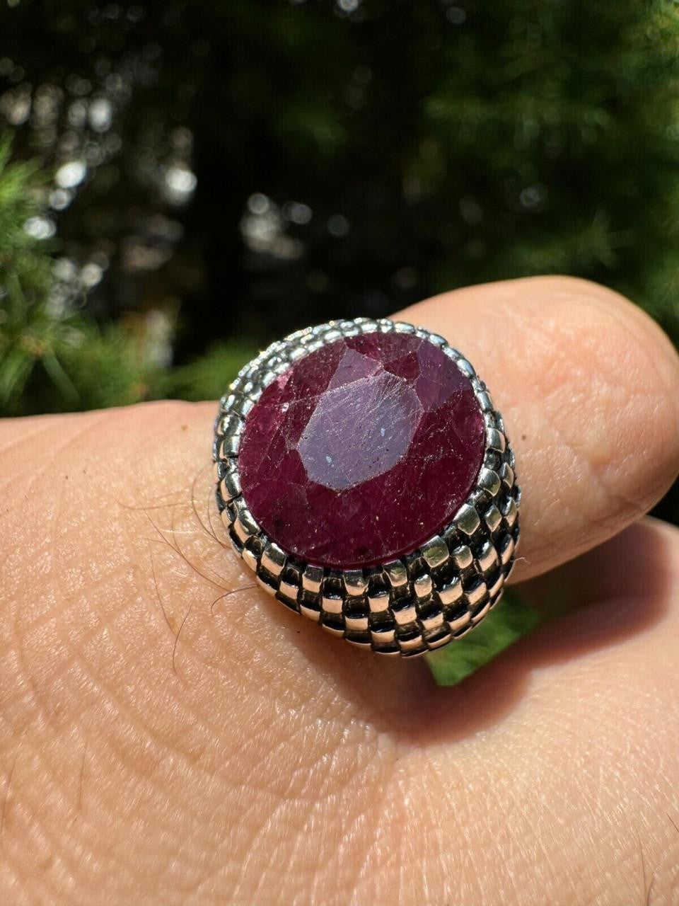 Black & White Ring - 925 Silver Oxidized - Genuine Red Ruby Stone