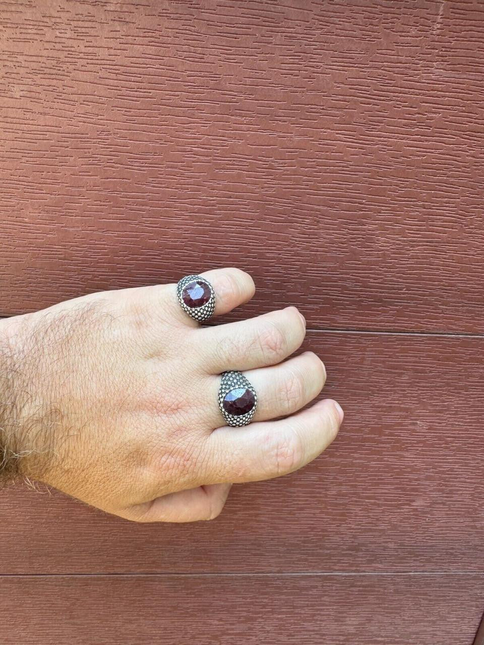 Black & White Ring - 925 Silver Oxidized - Genuine Red Ruby Stone