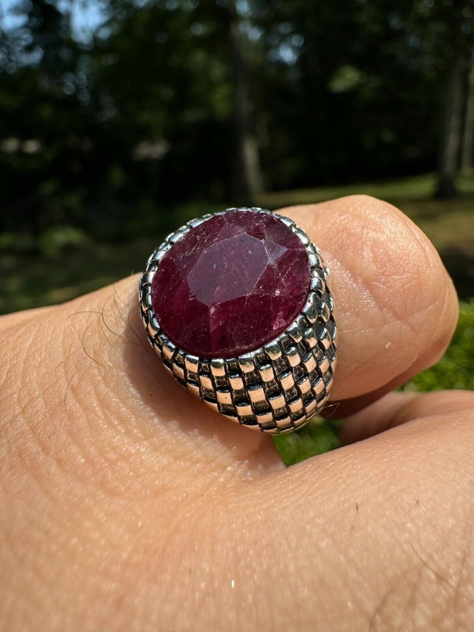 Black & White Ring - 925 Silver Oxidized - Genuine Red Ruby Stone