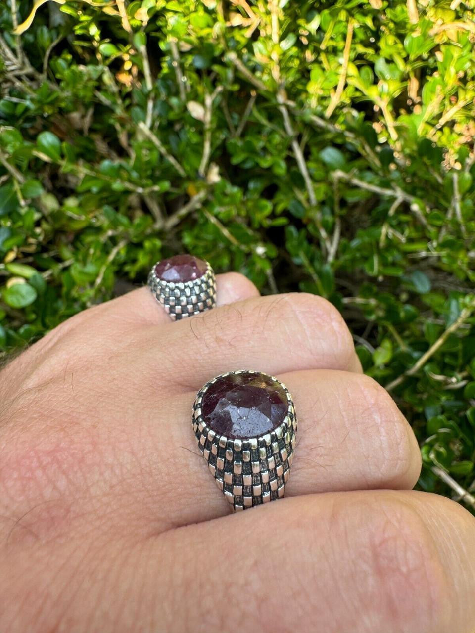 Black & White Ring - 925 Silver Oxidized - Genuine Red Ruby Stone