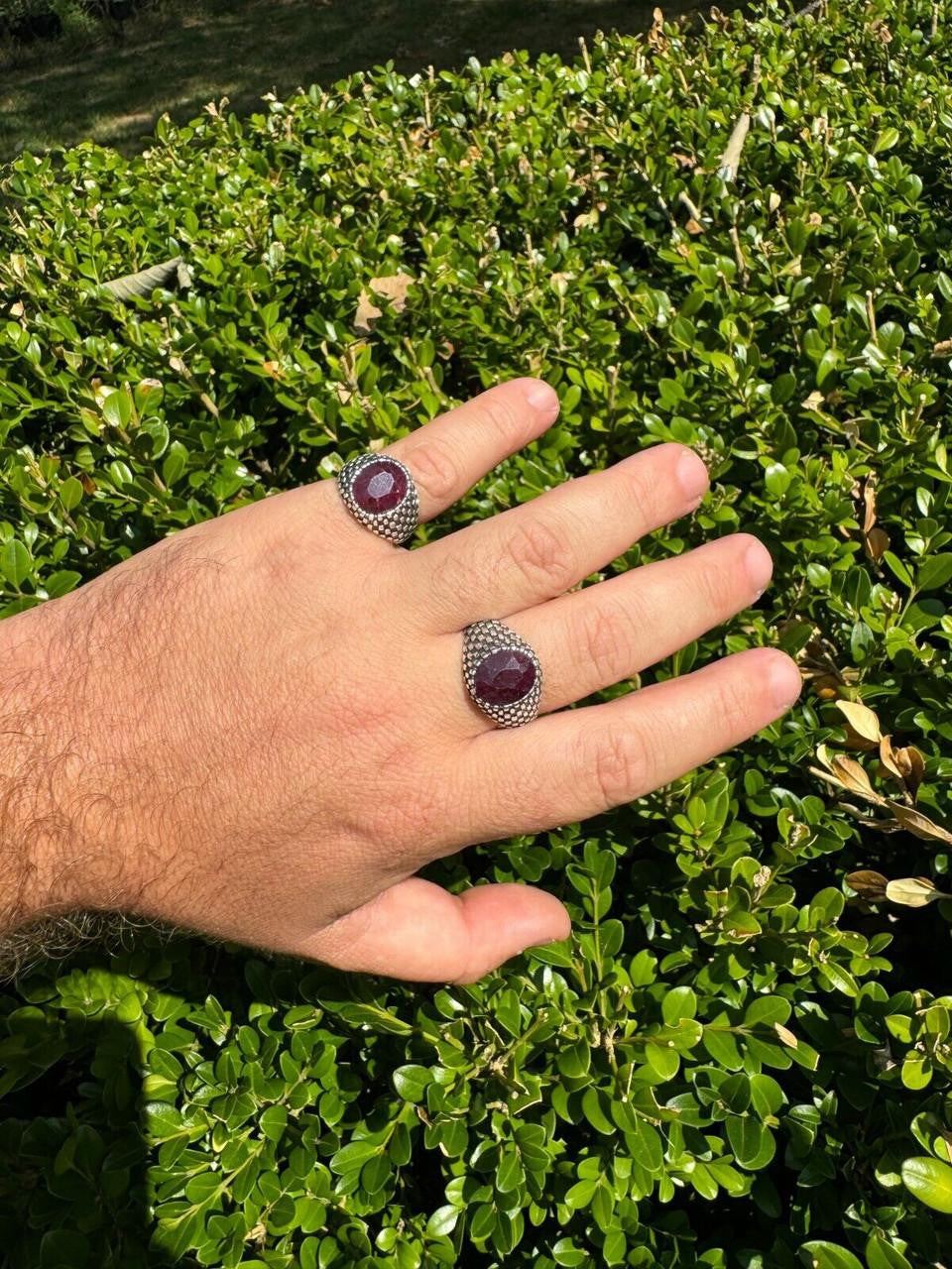Black & White Ring - 925 Silver Oxidized - Genuine Red Ruby Stone