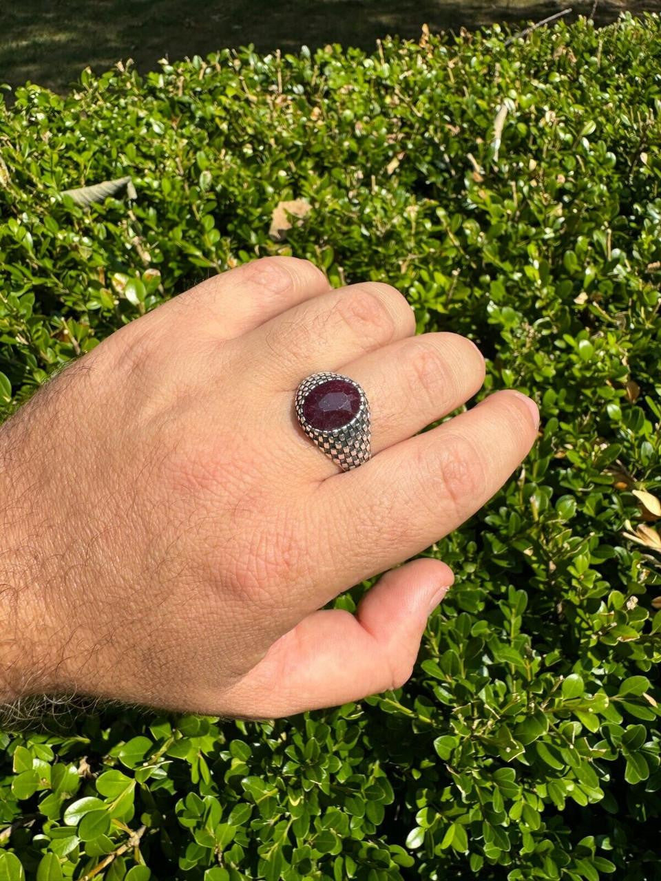 Black & White Ring - 925 Silver Oxidized - Genuine Red Ruby Stone