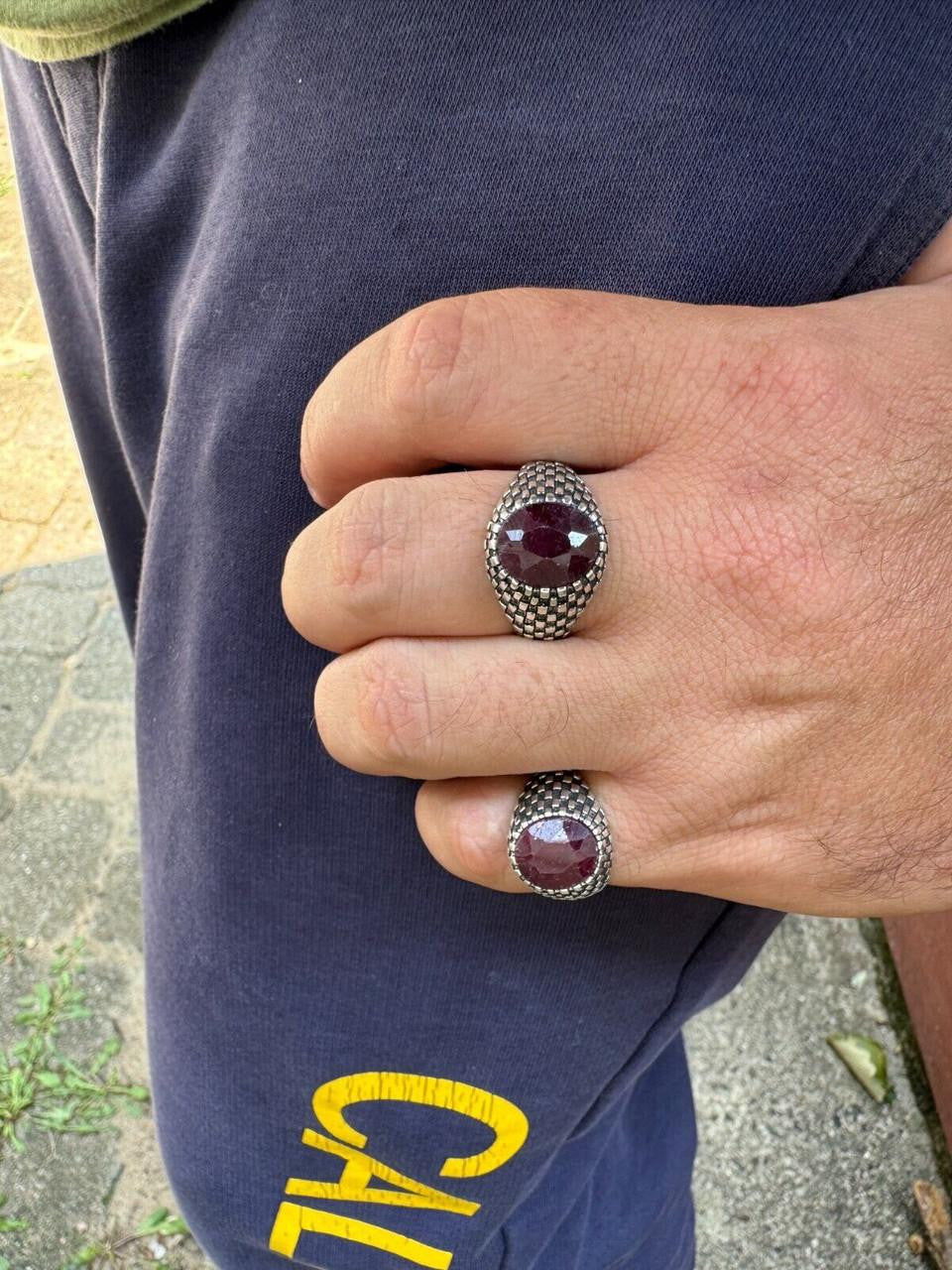 Black & White Ring - 925 Silver Oxidized - Genuine Red Ruby Stone