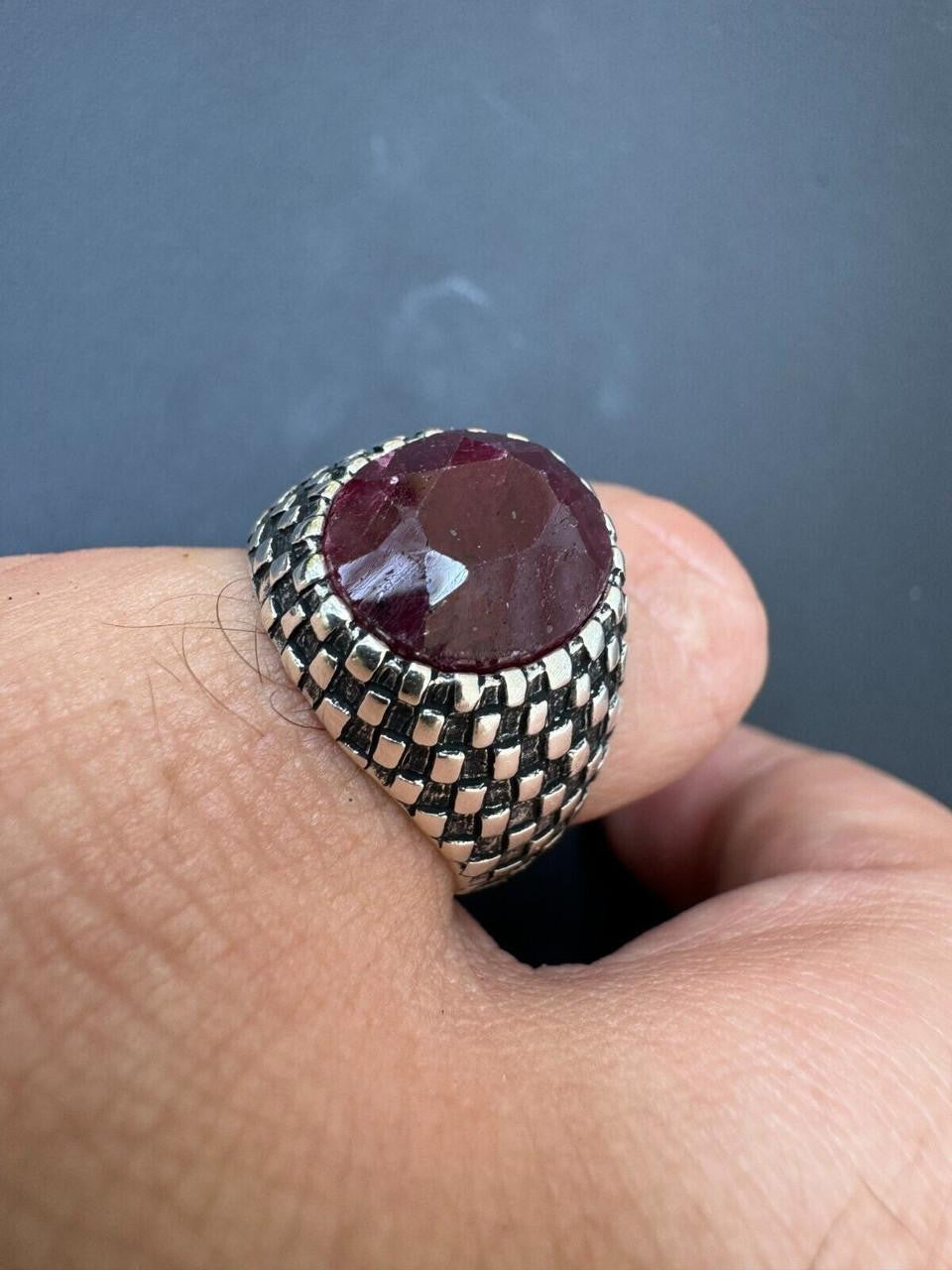 Black & White Ring - 925 Silver Oxidized - Genuine Red Ruby Stone