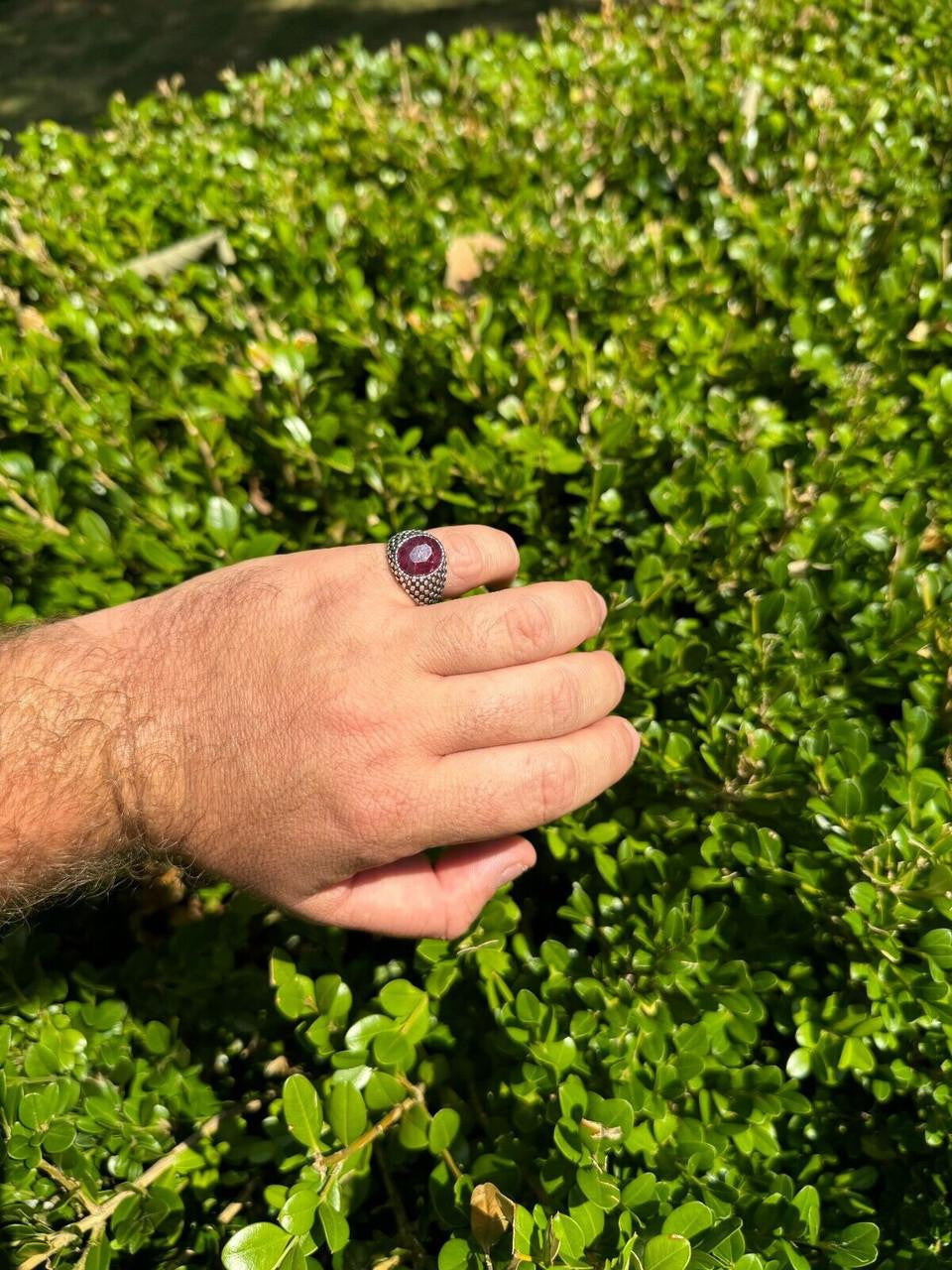 Black & White Ring - 925 Silver Oxidized - Genuine Red Ruby Stone