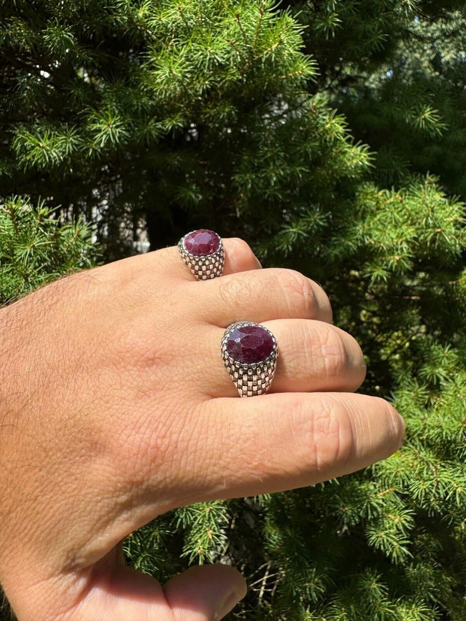 Black & White Ring - 925 Silver Oxidized - Genuine Red Ruby Stone