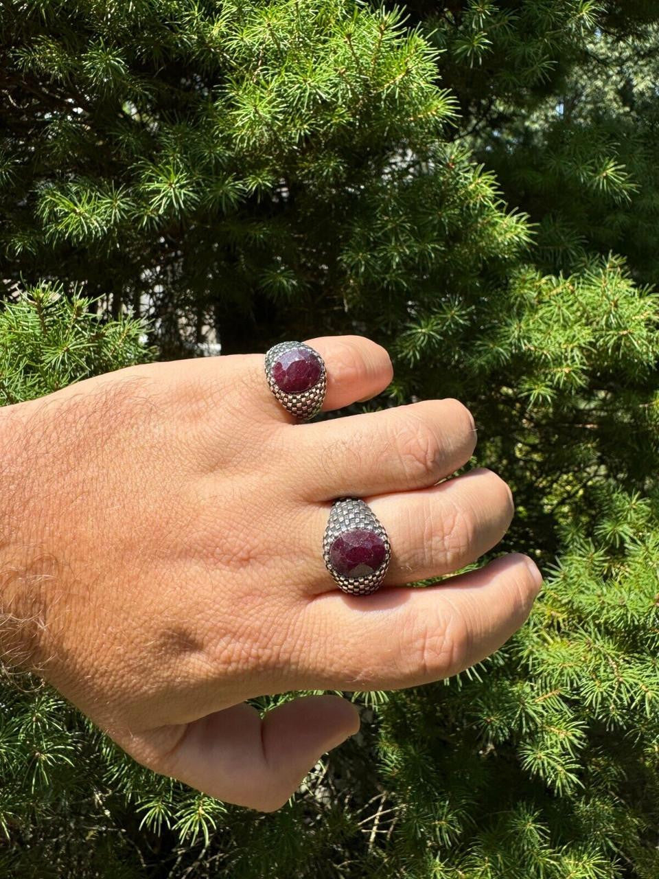 Black & White Ring - 925 Silver Oxidized - Genuine Red Ruby Stone