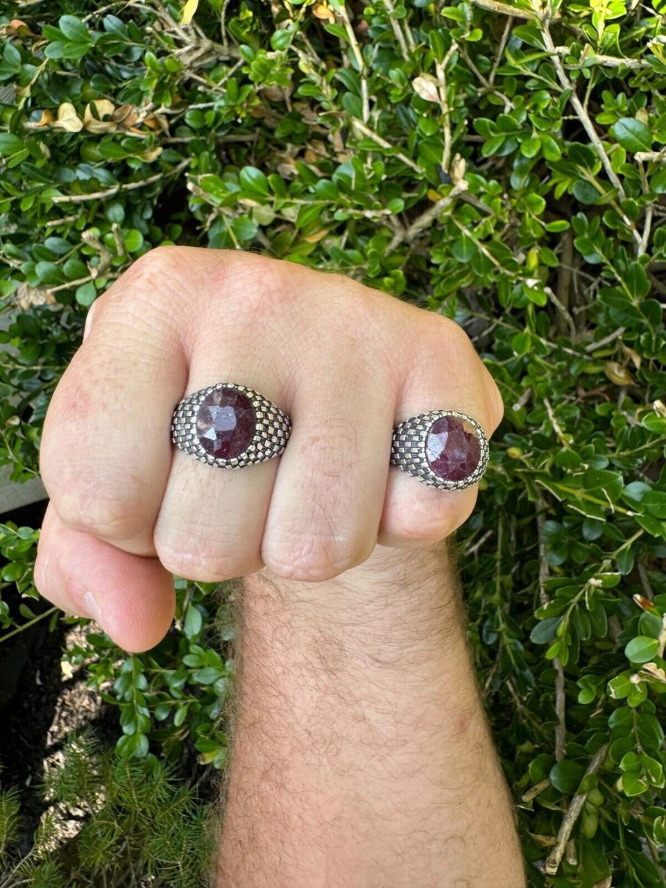 Black & White Ring - 925 Silver Oxidized - Genuine Red Ruby Stone