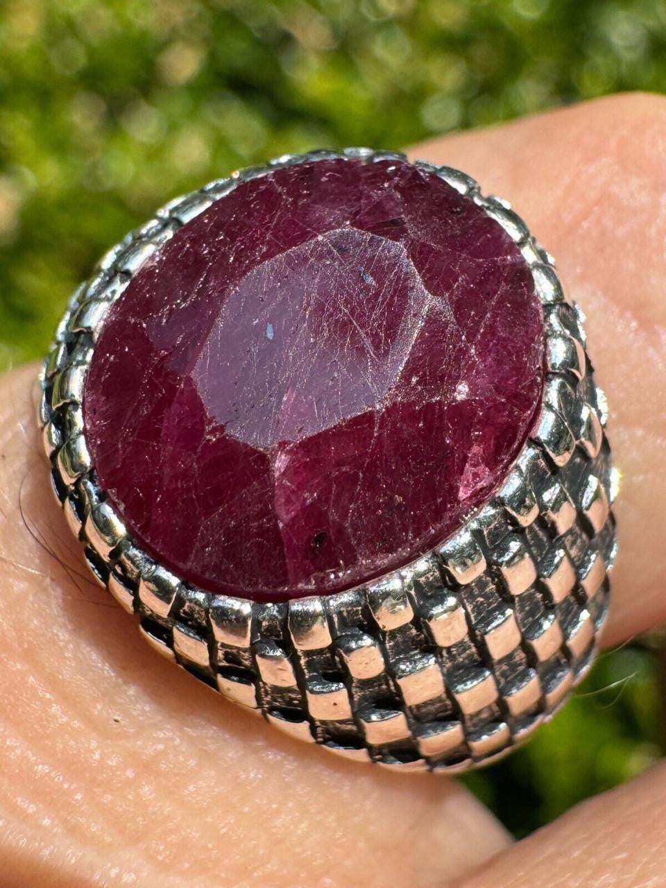 Black & White Ring - 925 Silver Oxidized - Genuine Red Ruby Stone