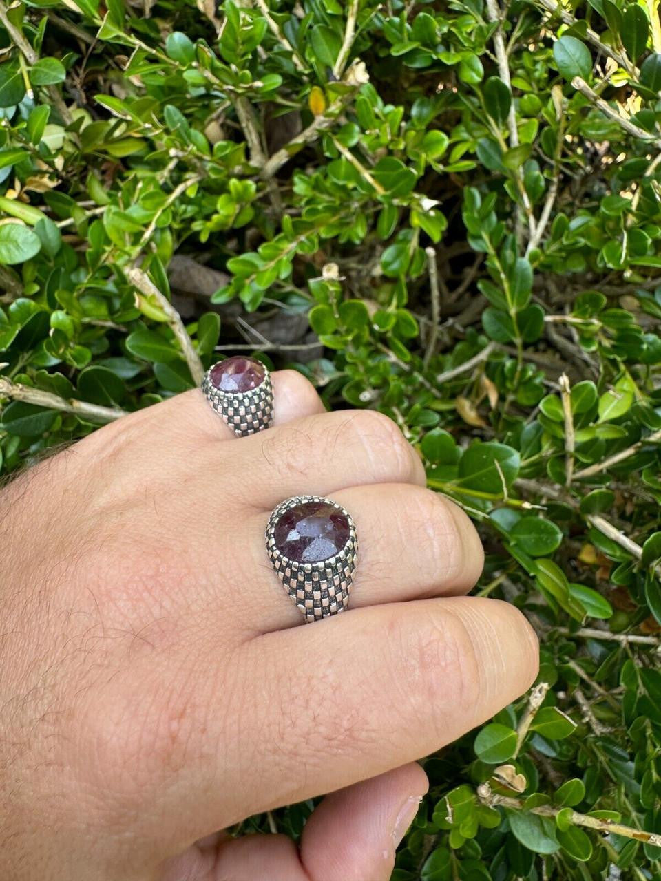 Black & White Ring - 925 Silver Oxidized - Genuine Red Ruby Stone