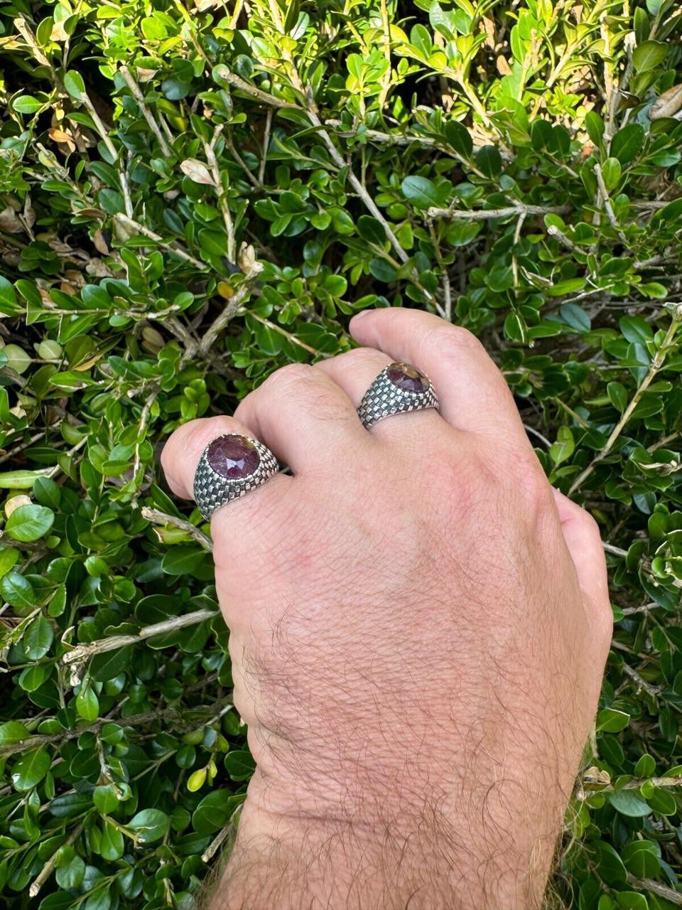 Black & White Ring - 925 Silver Oxidized - Genuine Red Ruby Stone