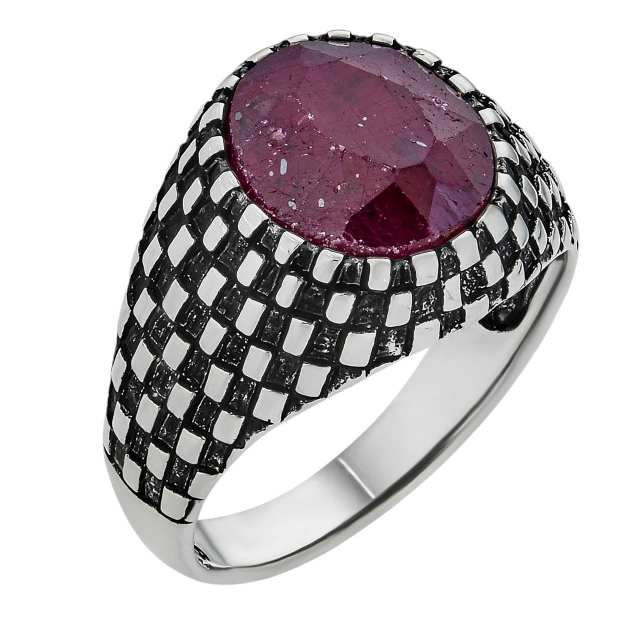 Black & White Ring - 925 Silver Oxidized - Genuine Red Ruby Stone