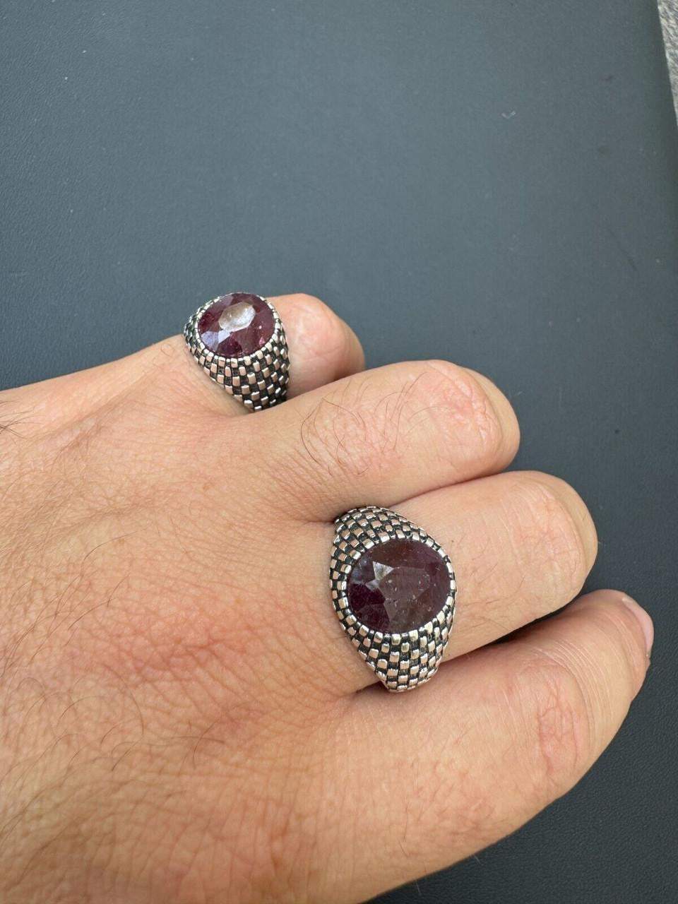 Black & White Ring - 925 Silver Oxidized - Genuine Red Ruby Stone