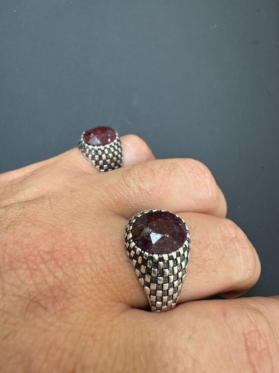 Black & White Ring - 925 Silver Oxidized - Genuine Red Ruby Stone