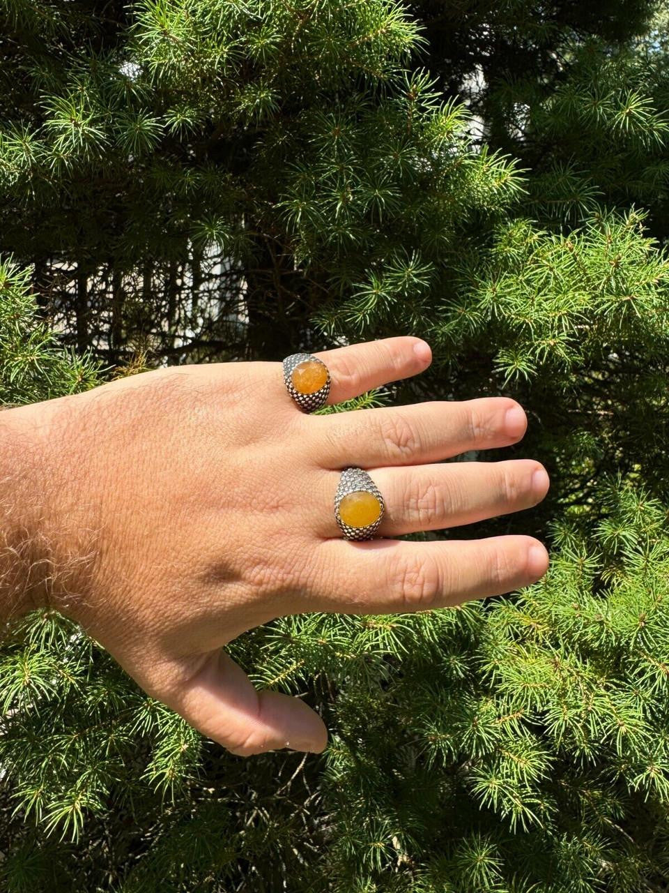 Black & White Ring - 925 Silver Oxidized - Genuine Yellow Sapphire Stone