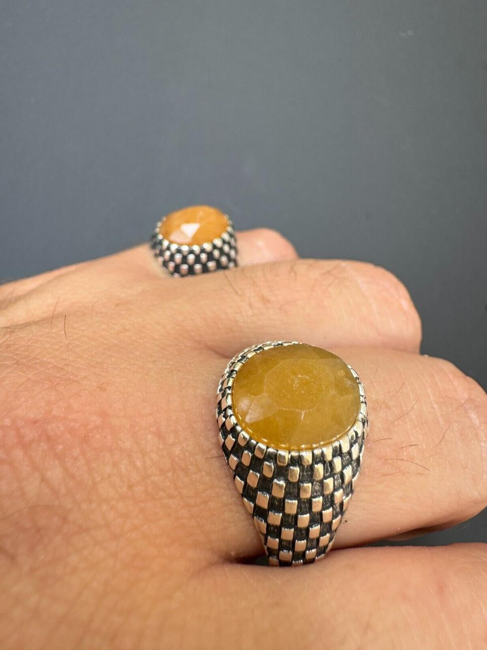 Black & White Ring - 925 Silver Oxidized - Genuine Yellow Sapphire Stone