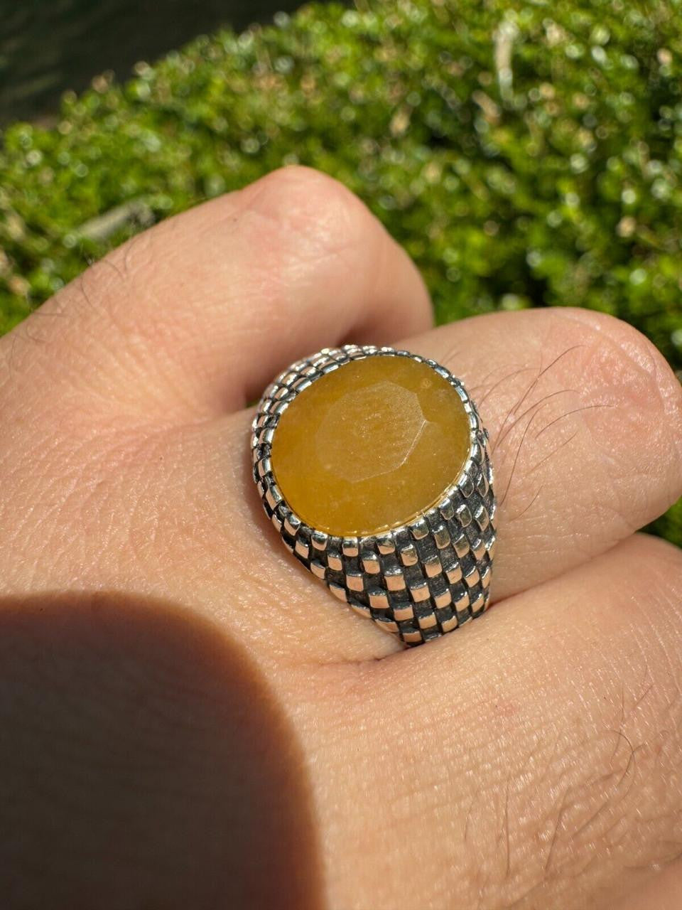 Black & White Ring - 925 Silver Oxidized - Genuine Yellow Sapphire Stone