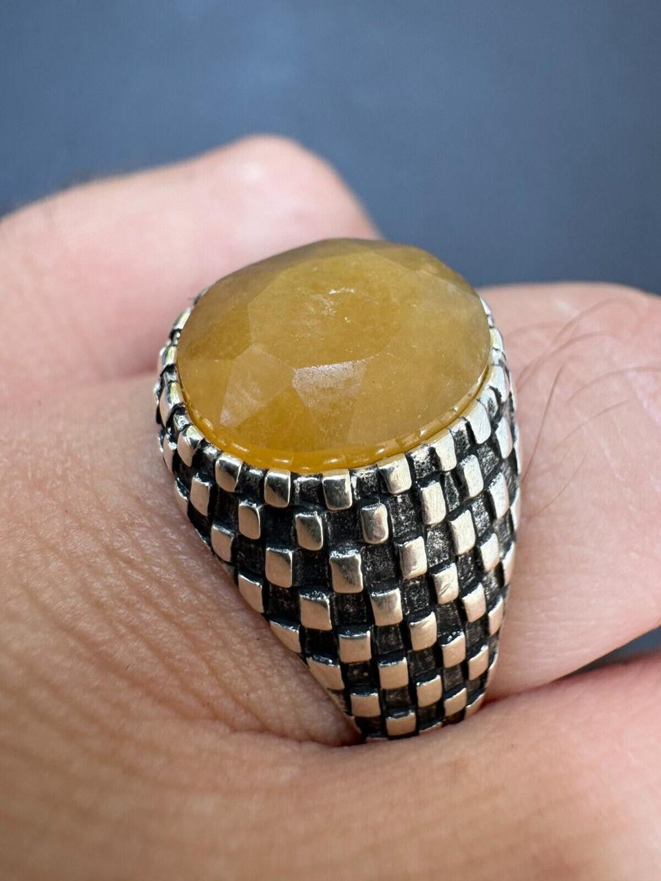 Black & White Ring - 925 Silver Oxidized - Genuine Yellow Sapphire Stone