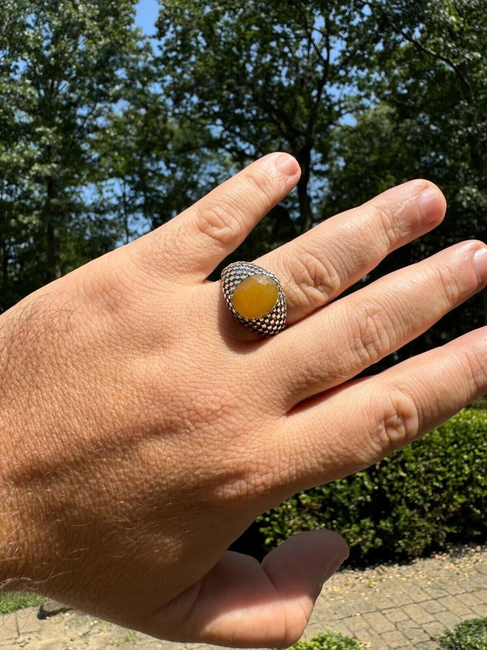 Black & White Ring - 925 Silver Oxidized - Genuine Yellow Sapphire Stone