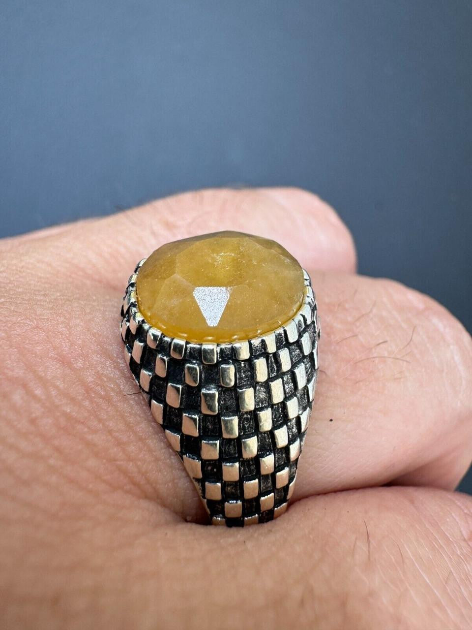 Black & White Ring - 925 Silver Oxidized - Genuine Yellow Sapphire Stone