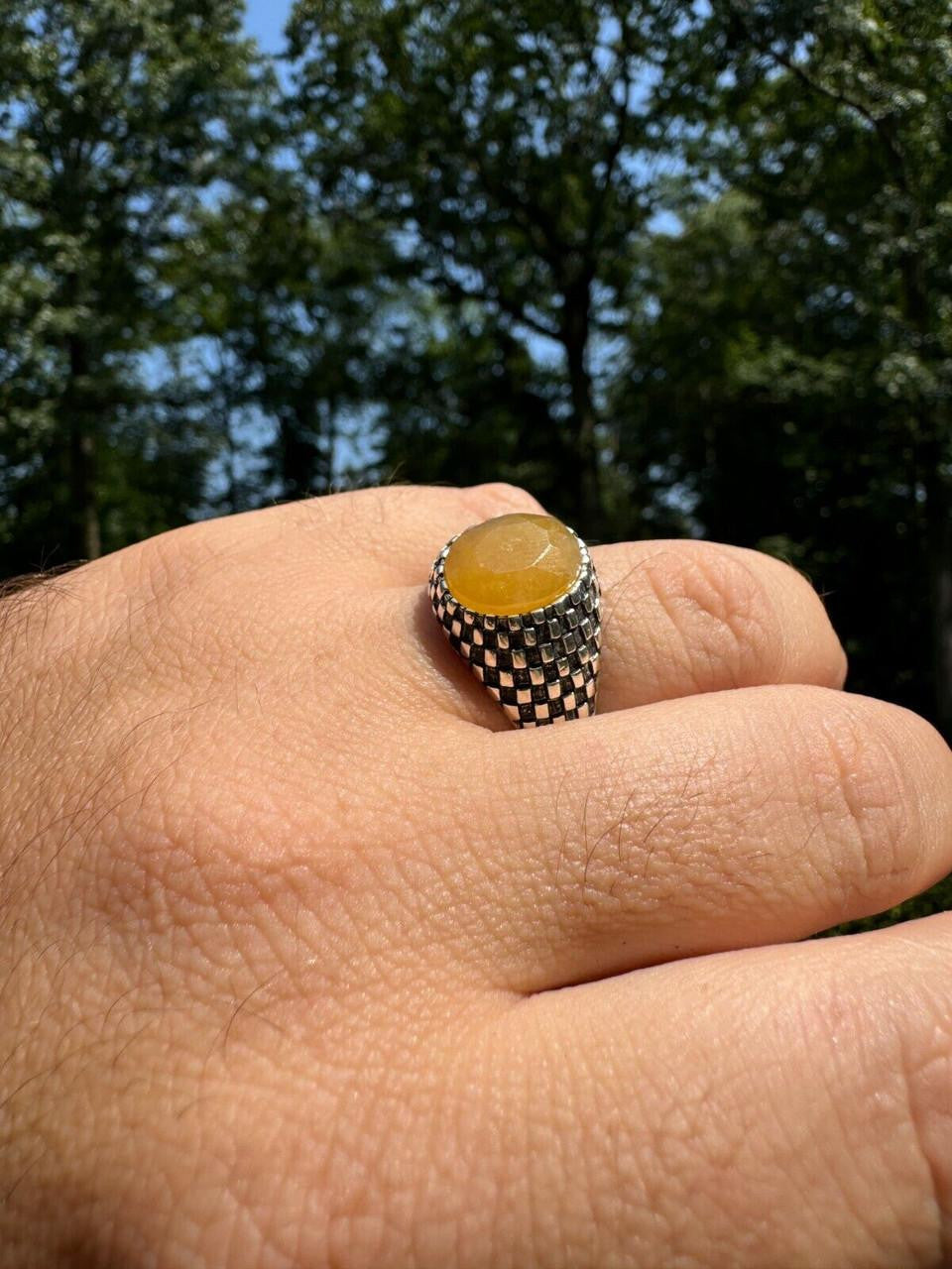 Black & White Ring - 925 Silver Oxidized - Genuine Yellow Sapphire Stone
