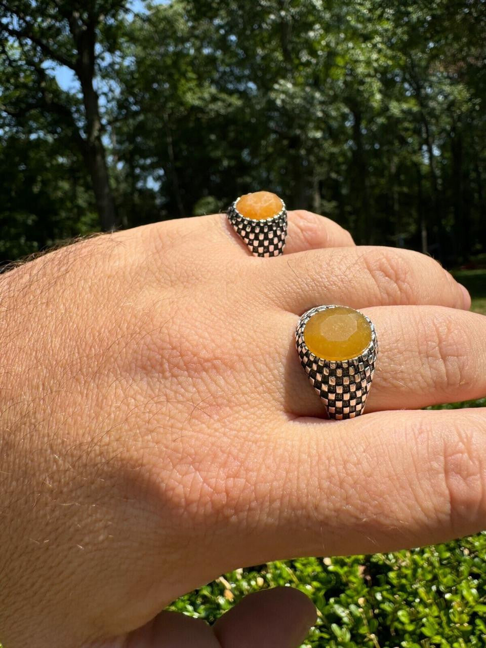 Black & White Ring - 925 Silver Oxidized - Genuine Yellow Sapphire Stone
