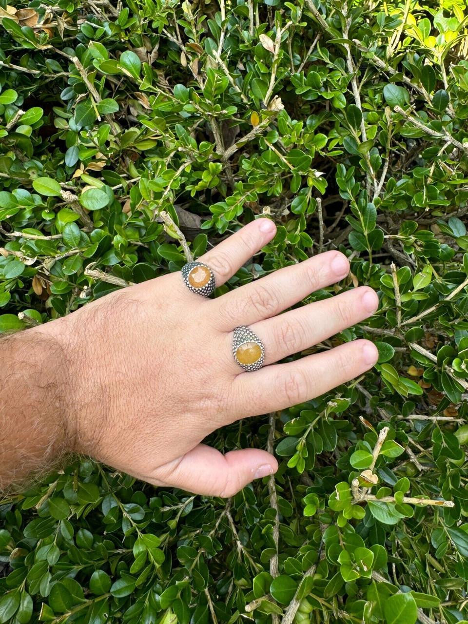 Black & White Ring - 925 Silver Oxidized - Genuine Yellow Sapphire Stone