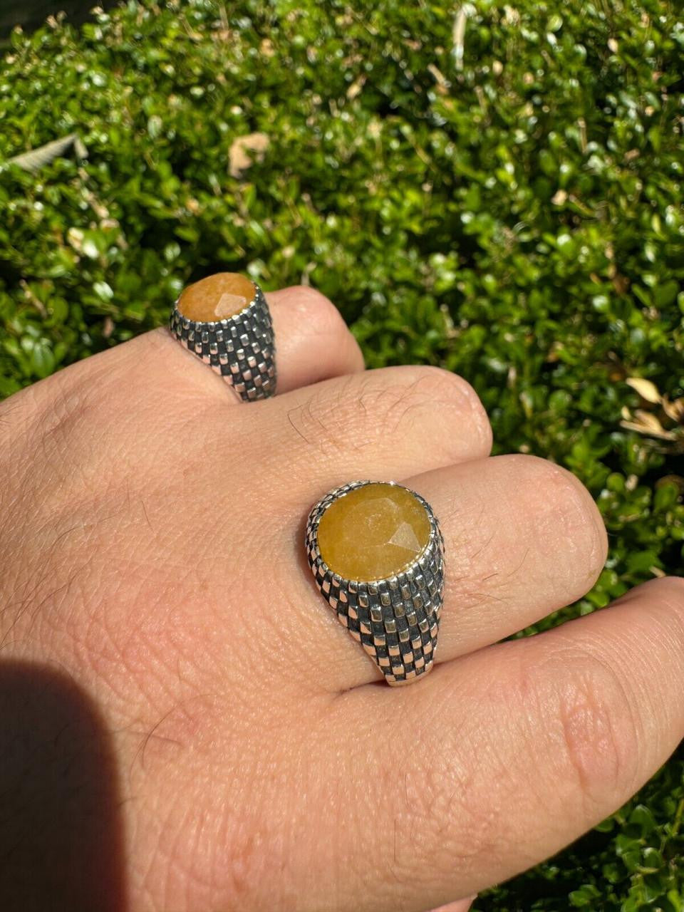 Black & White Ring - 925 Silver Oxidized - Genuine Yellow Sapphire Stone