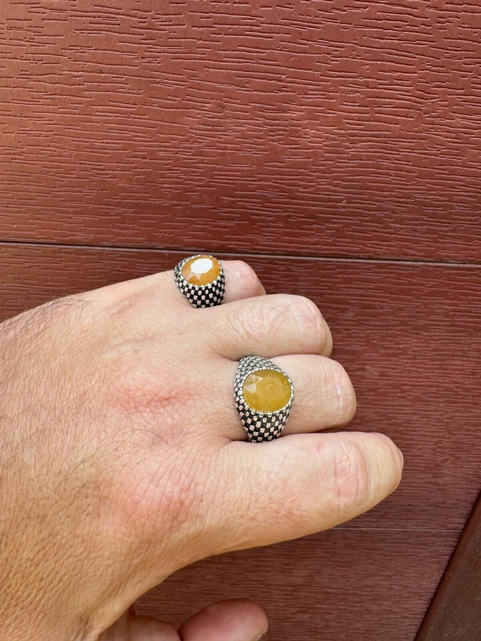 Black & White Ring - 925 Silver Oxidized - Genuine Yellow Sapphire Stone
