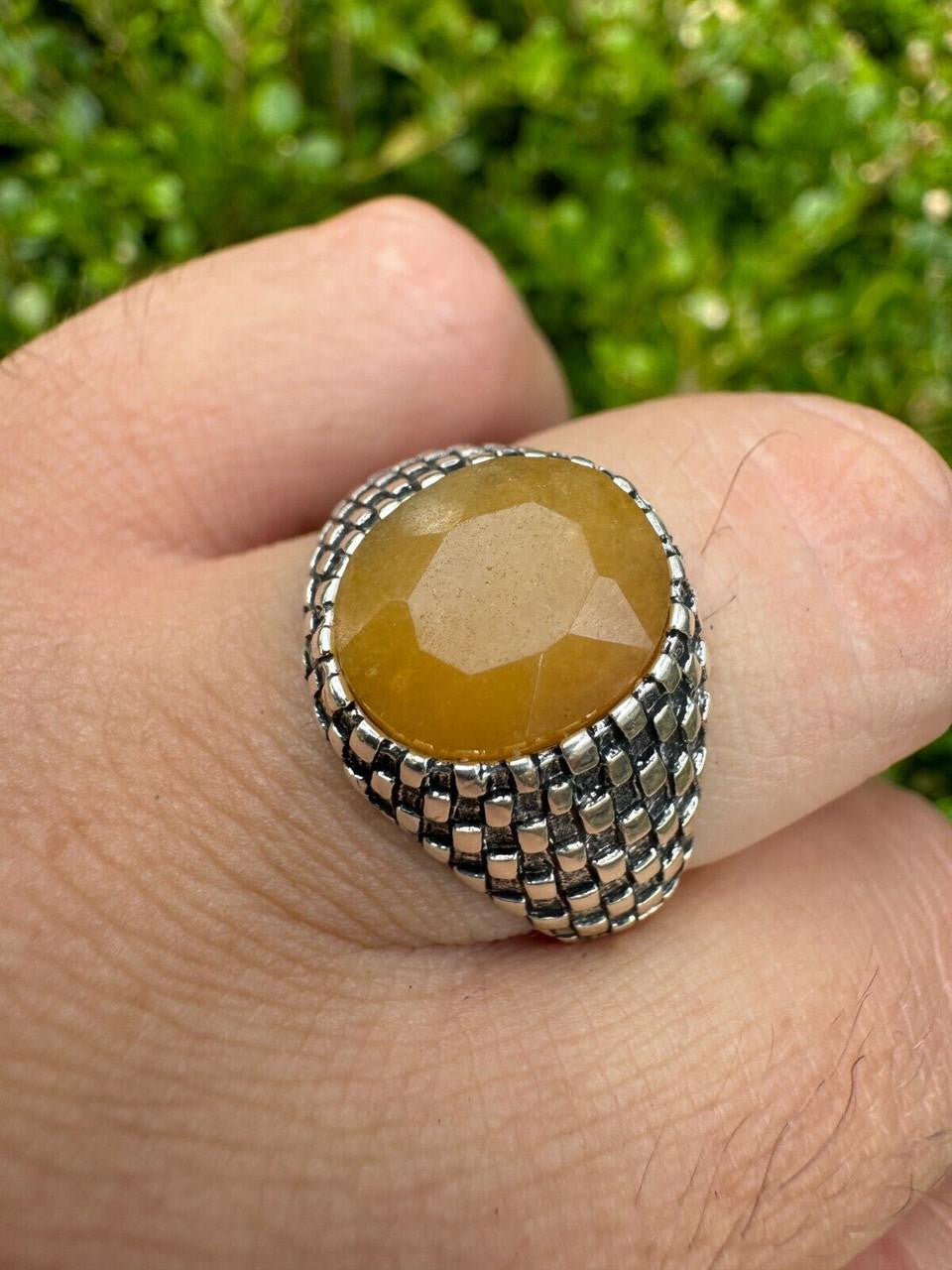 Black & White Ring - 925 Silver Oxidized - Genuine Yellow Sapphire Stone