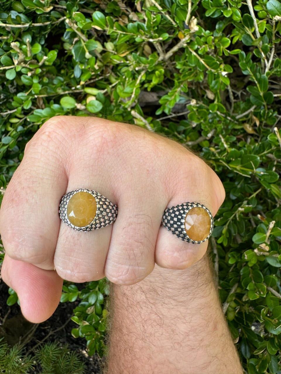 Black & White Ring - 925 Silver Oxidized - Genuine Yellow Sapphire Stone