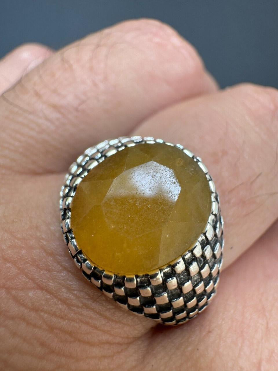 Black & White Ring - 925 Silver Oxidized - Genuine Yellow Sapphire Stone