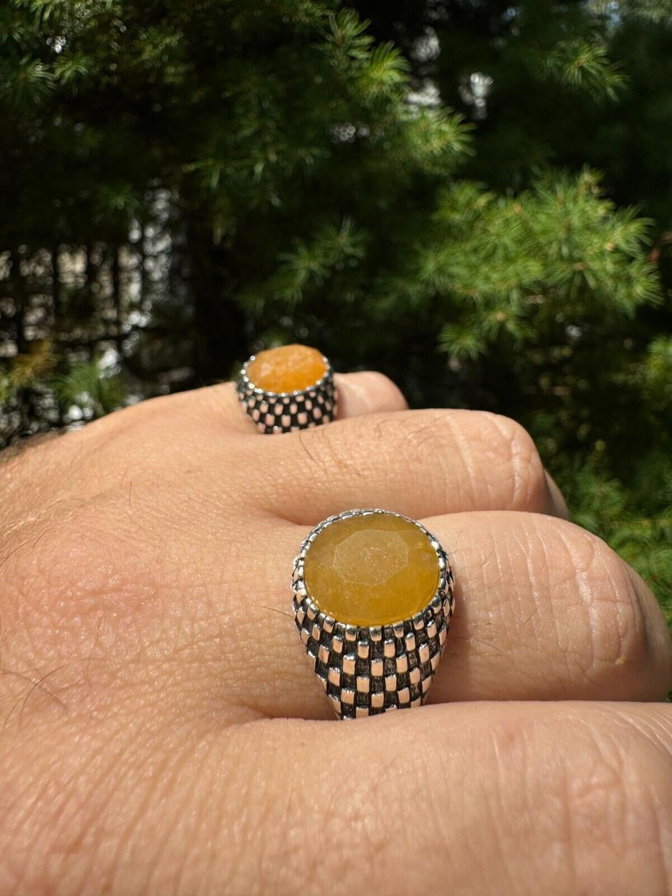 Black & White Ring - 925 Silver Oxidized - Genuine Yellow Sapphire Stone