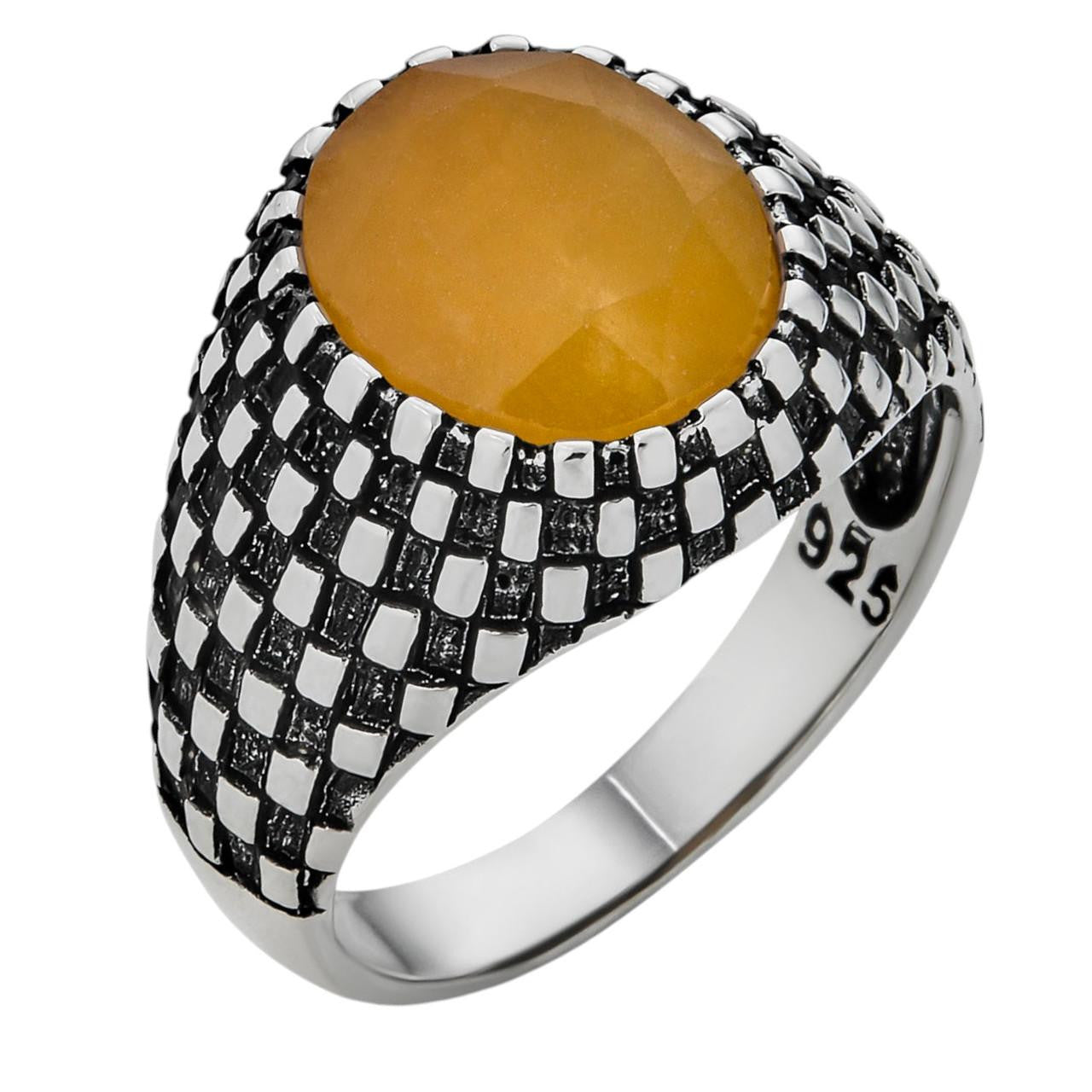 Black & White Ring - 925 Silver Oxidized - Genuine Yellow Sapphire Stone
