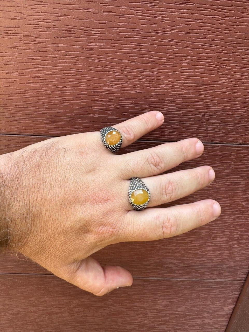 Black & White Ring - 925 Silver Oxidized - Genuine Yellow Sapphire Stone