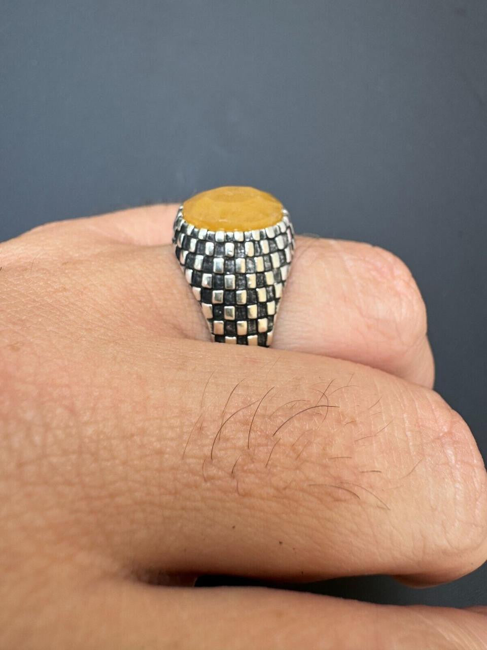 Black & White Ring - 925 Silver Oxidized - Genuine Yellow Sapphire Stone