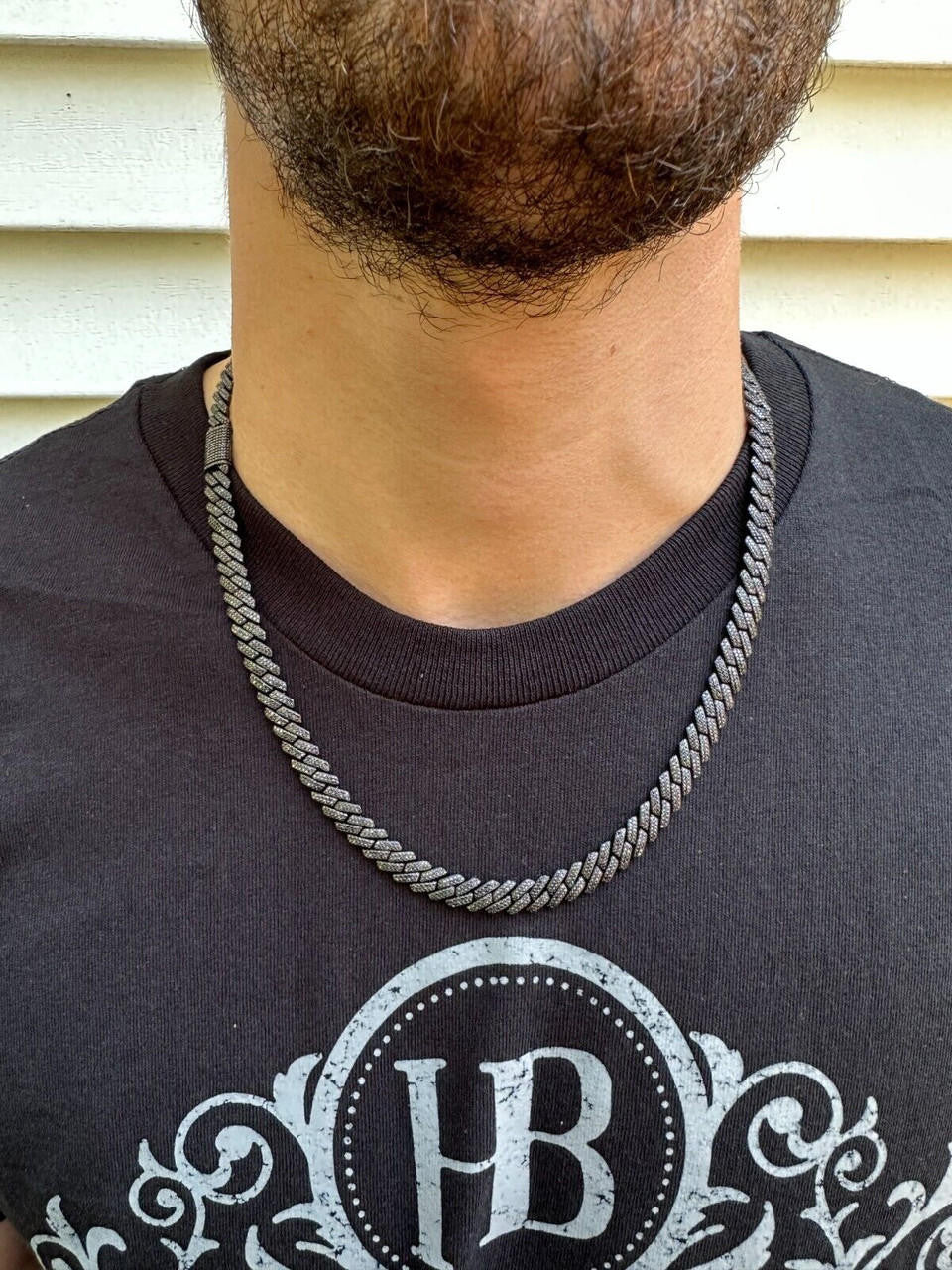BLACK MOISSANITE 8mm Real Miami Cuban Link Prong Chain Iced Black Rhodium Over 925 Silver Necklace