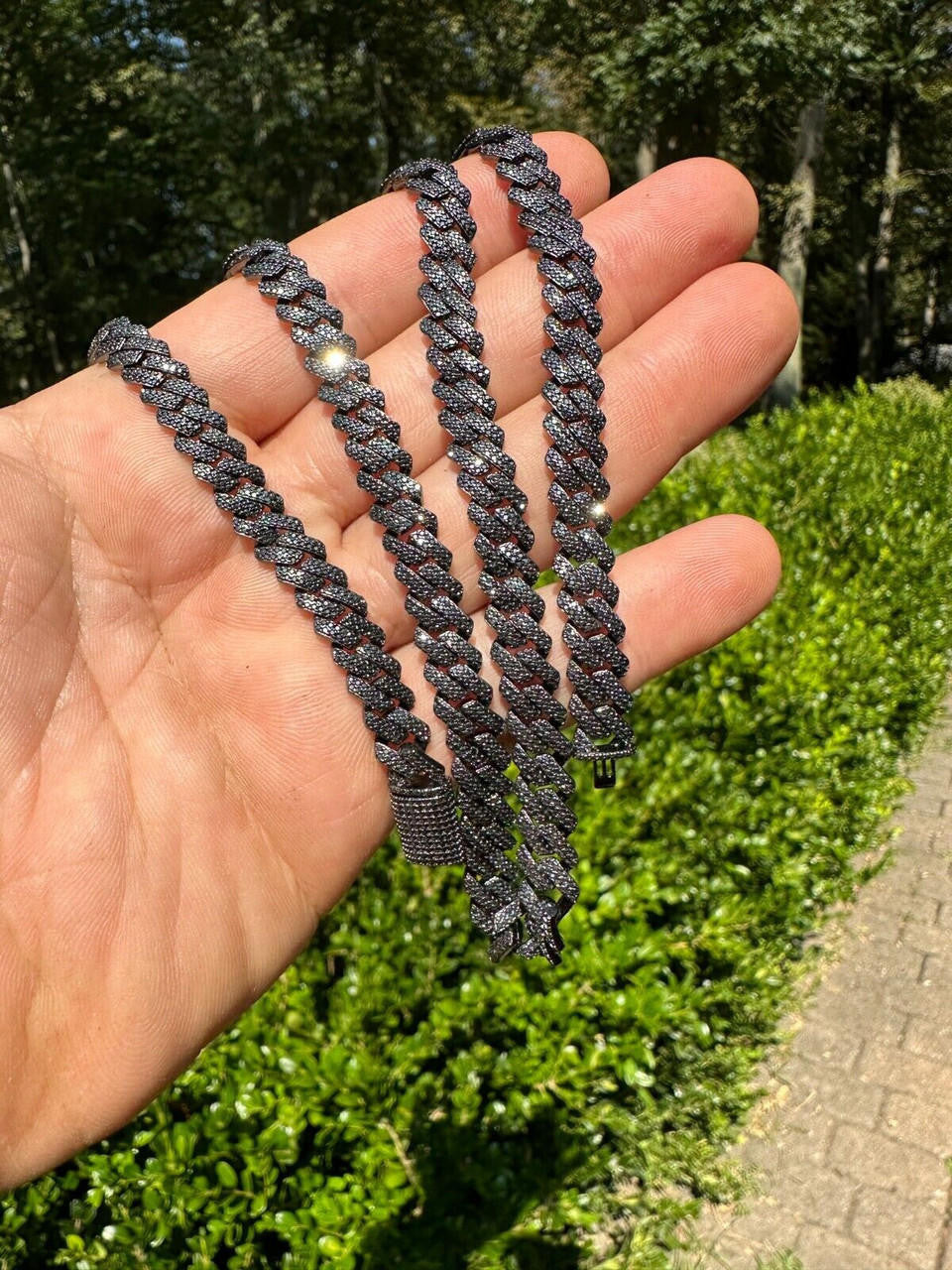 BLACK MOISSANITE 8mm Real Miami Cuban Link Prong Chain Iced Black Rhodium Over 925 Silver Necklace
