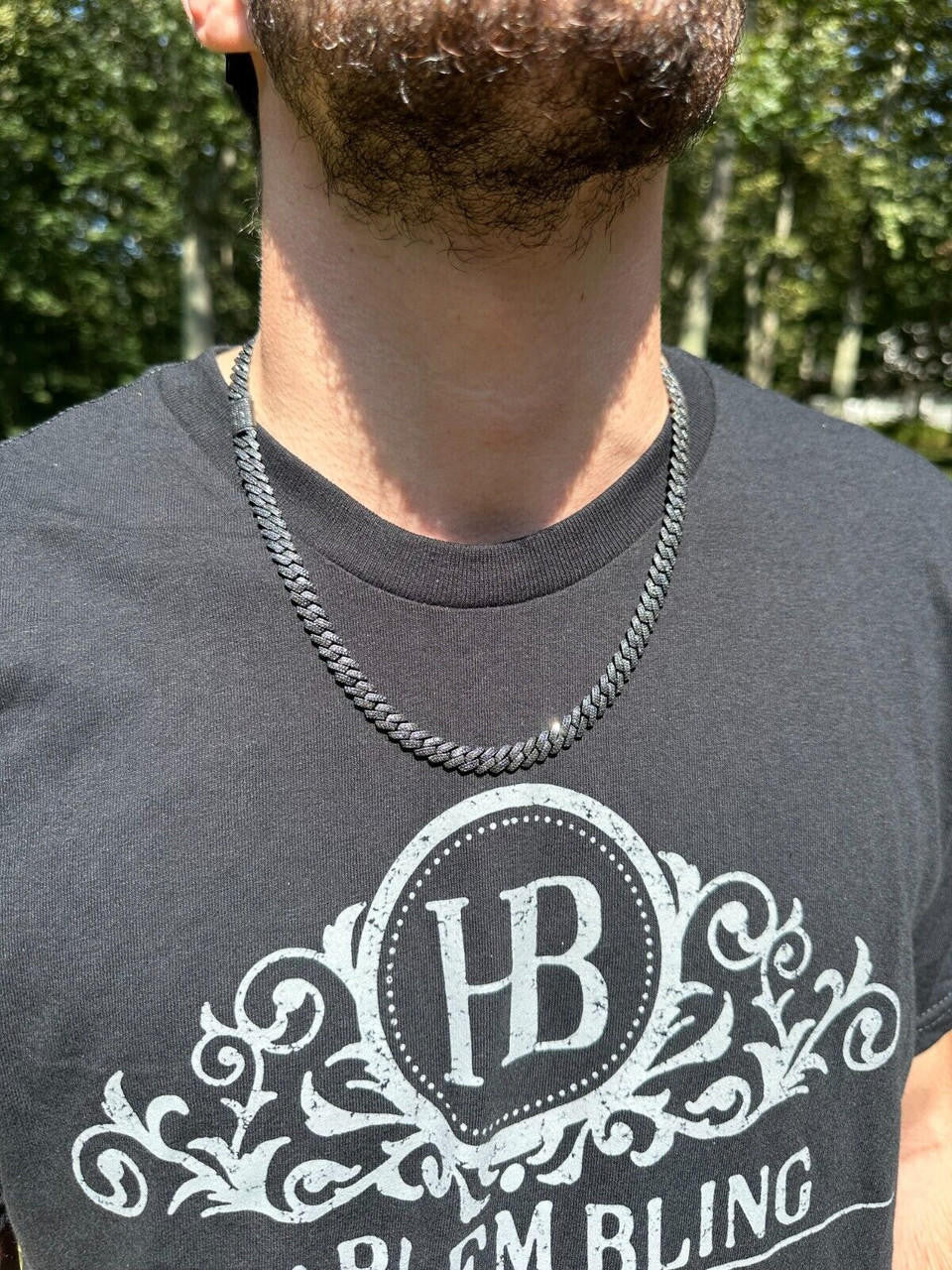 BLACK MOISSANITE 8mm Real Miami Cuban Link Prong Chain Iced Black Rhodium Over 925 Silver Necklace