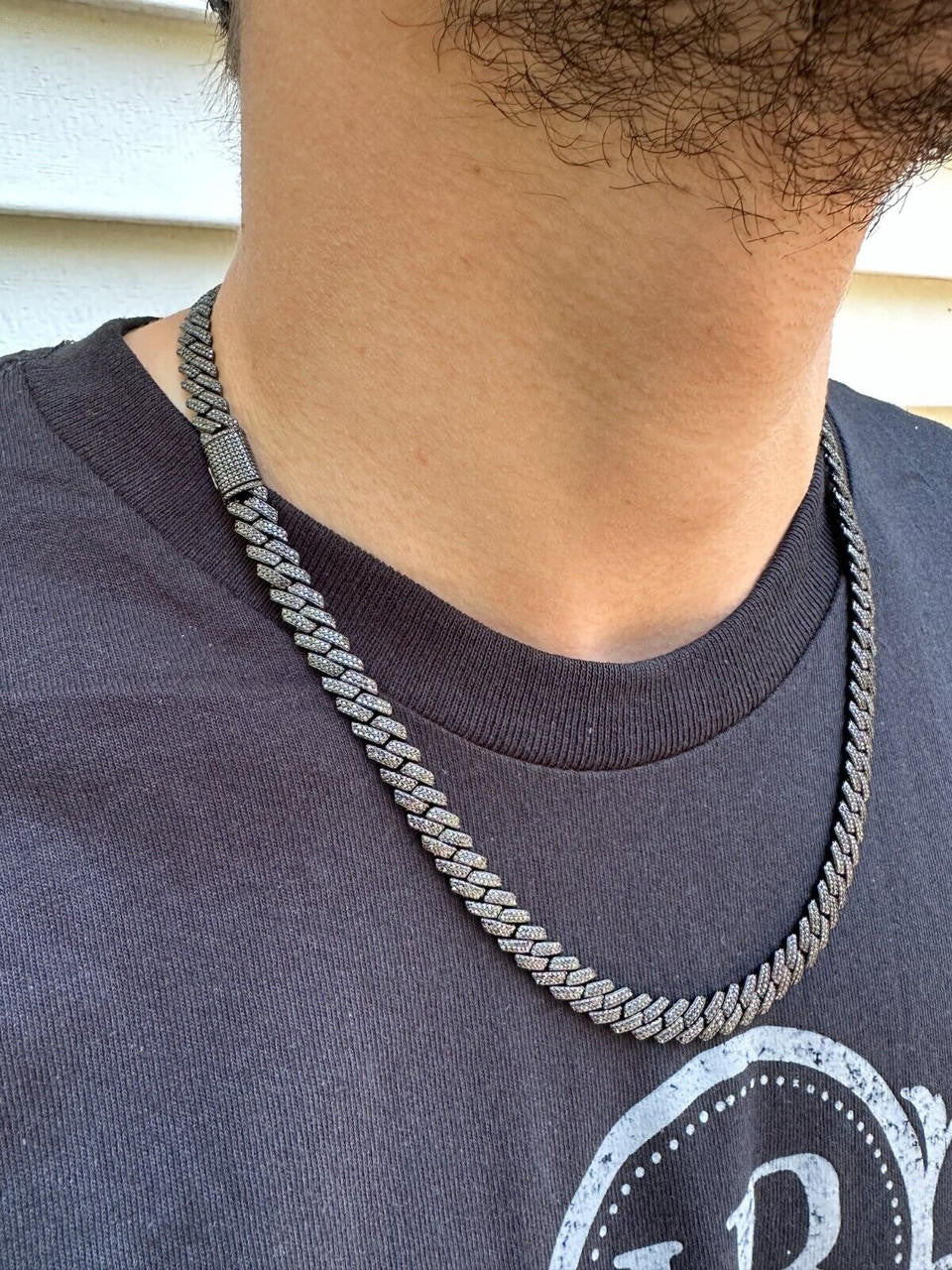 BLACK MOISSANITE 8mm Real Miami Cuban Link Prong Chain Iced Black Rhodium Over 925 Silver Necklace