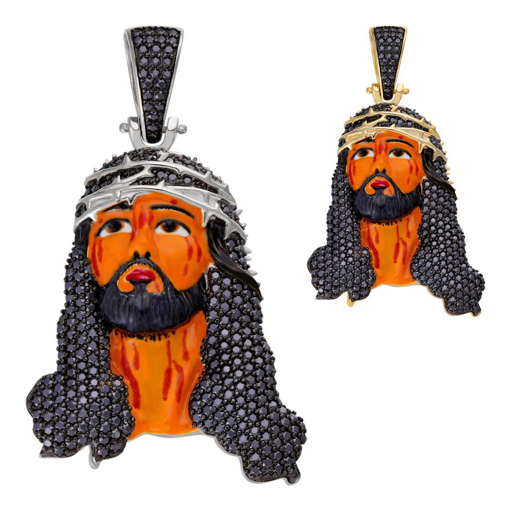Black MOISSANITE Enamel Jesus Pendant - 14k Gold Vermeil Or 925 Silver - Large 2.5"