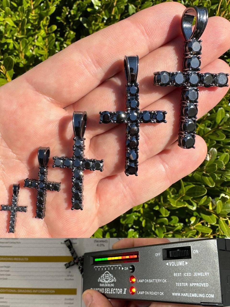 Black MOISSANITE Tennis Cross - Black Rhodium Over 925 Silver - 5 Sizes 0.75"-2.25"