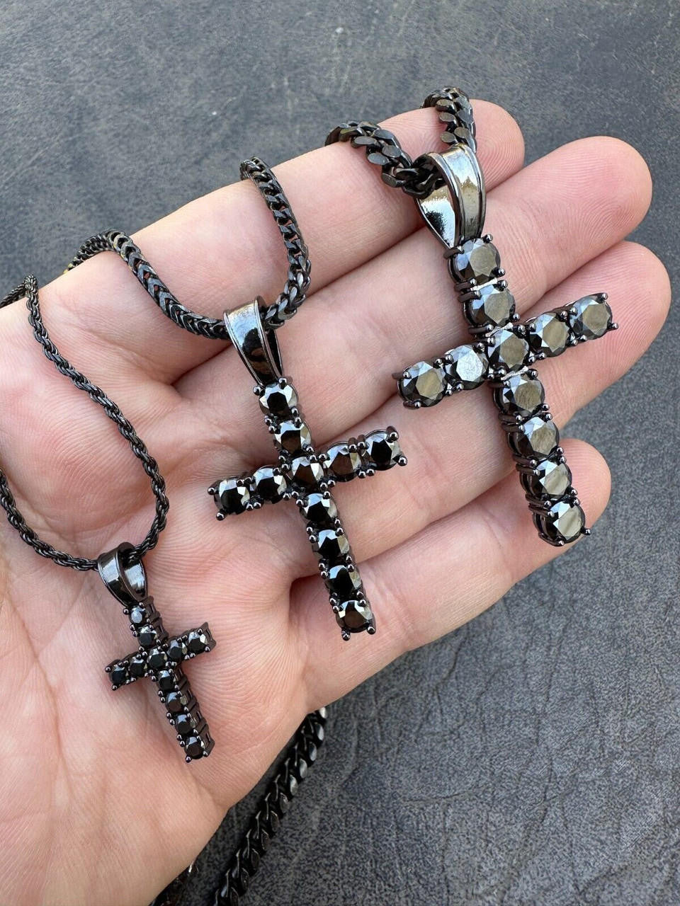 Black MOISSANITE Tennis Cross - Black Rhodium Over 925 Silver - 5 Sizes 0.75"-2.25"